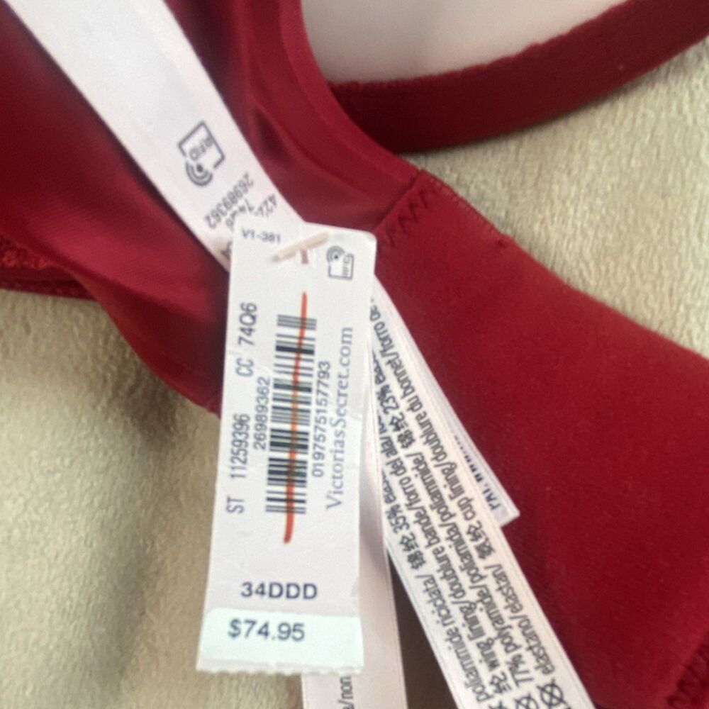 Victoria's Secret Very Sexy Push Up Bra Red 34DDD Rhinestone Adjustable - Picture 7 of 9